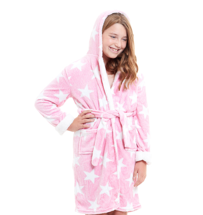 Girls Dressing Gown Hooded Robe Pink Star