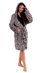 Ladies Hooded Luxury Plush Shimmer Fleece Dressing Gown Bathrobe Leopard