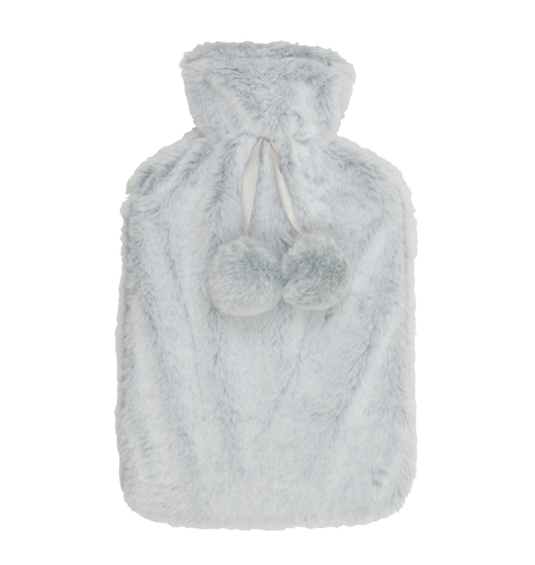 Luxury Plush Faux Fur Hot Water Bottle With Pom Poms