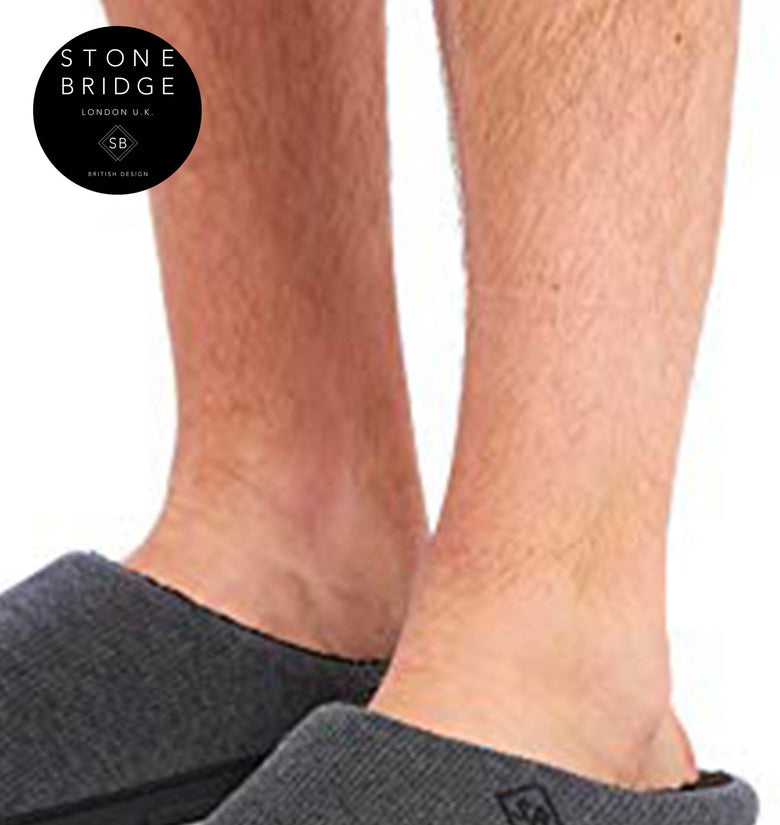 STONEBRIDGE Men's Grey Luxury Memory Foam Plush Lined Mule Slippers with Anti-Slip Sole