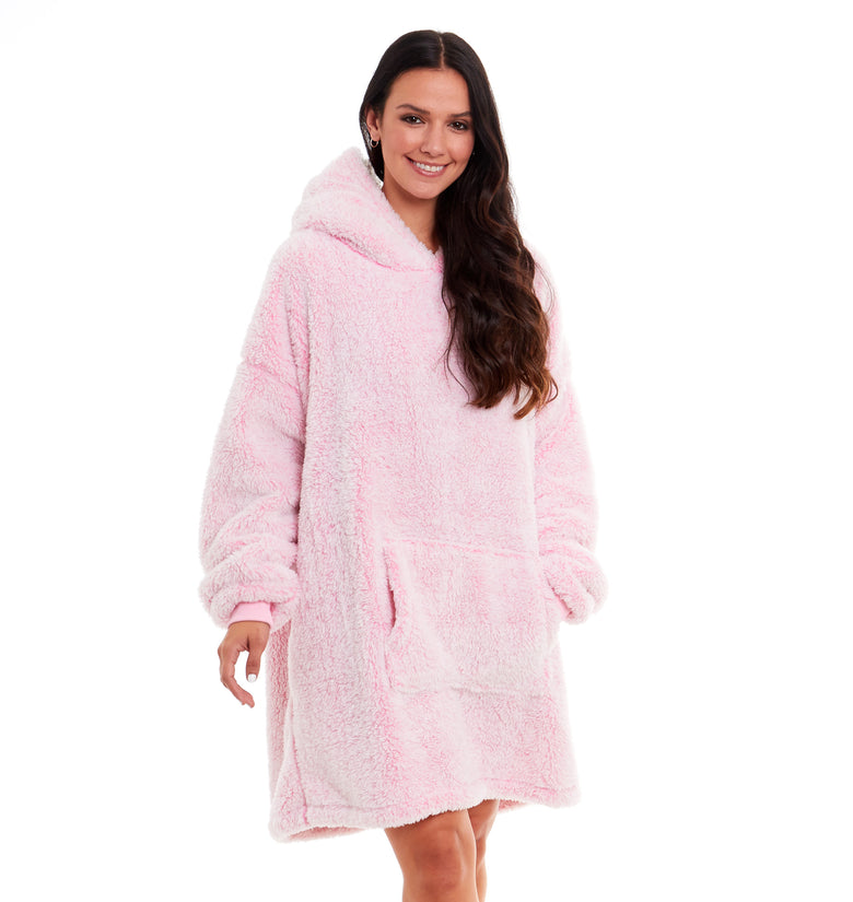 Ladies Luxury Grey Frosted Shaggy Fleece Hoodie Blanket Sweatshirt